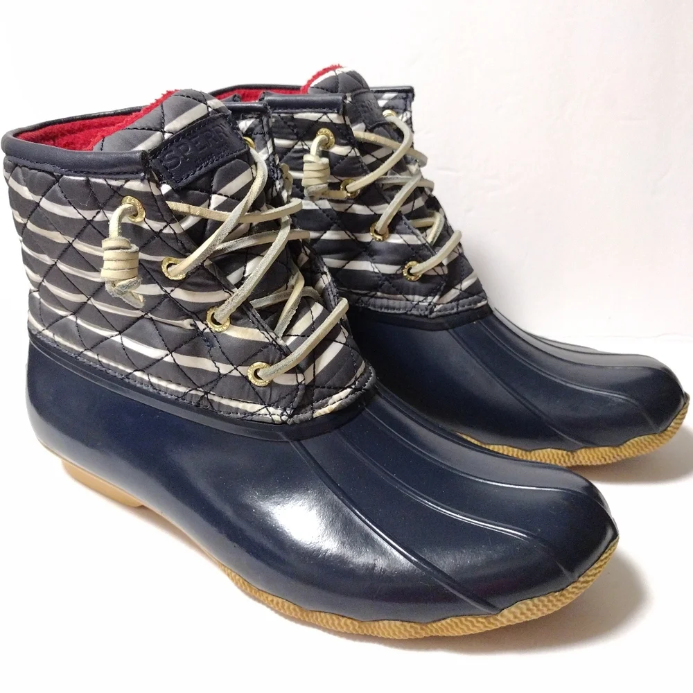 Sperry Women's Saltwater Duck Rain Lace-Up Zip Waterproof Boots in Navy Size 8